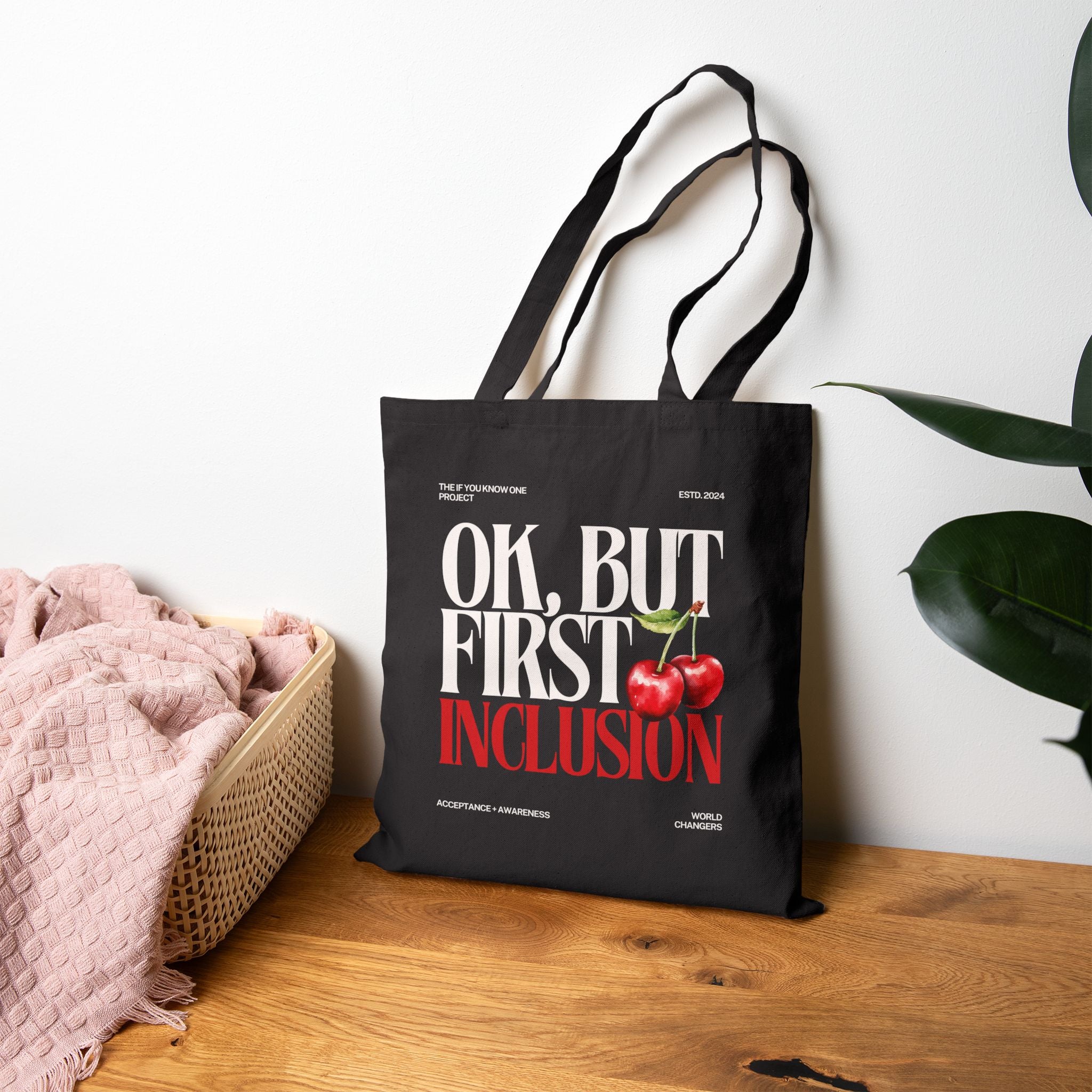 OK But First Inclusion Cherry Cotton Canvas Tote Bag
